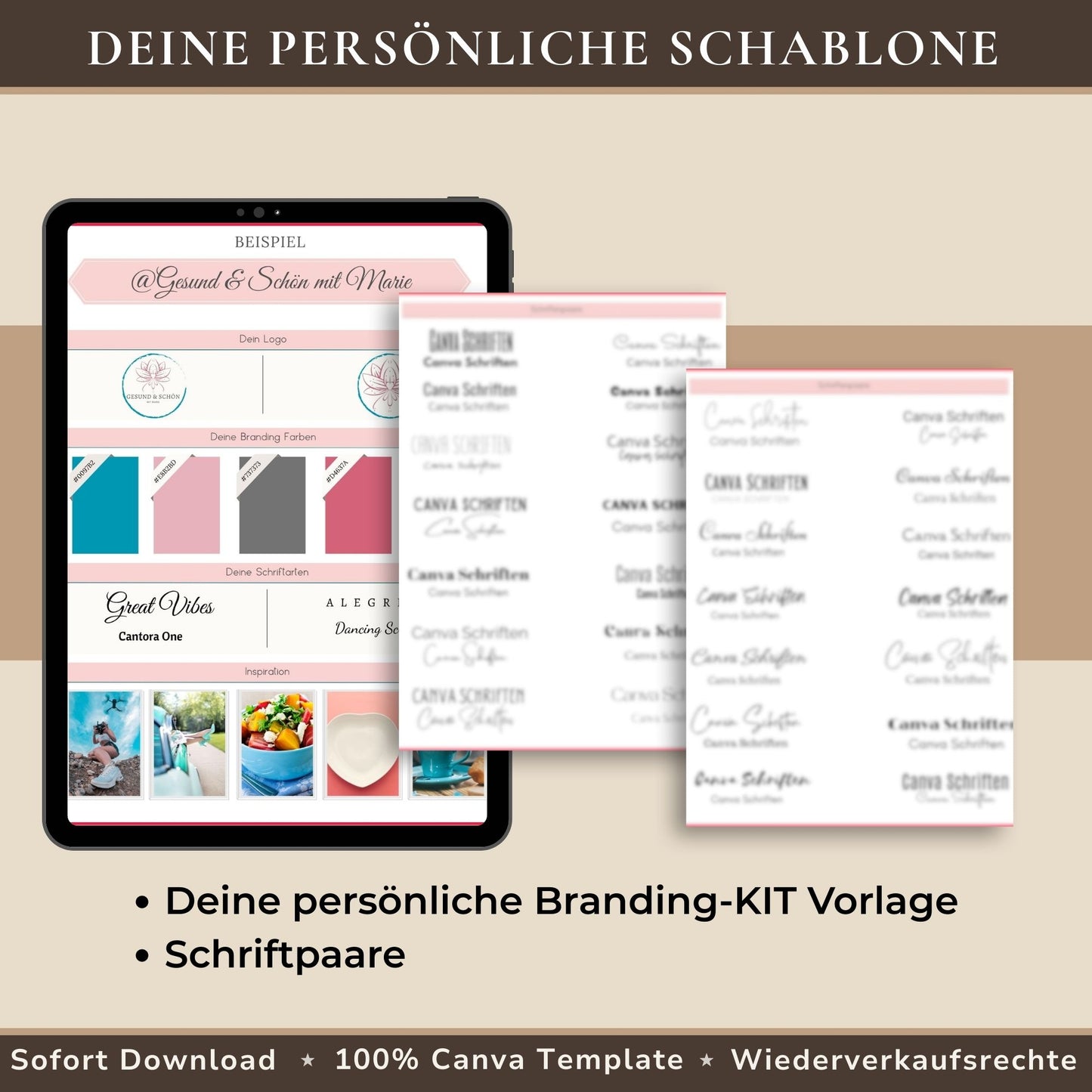 Beispiel eines farbenfrohen Branding Boards mit Farbpalette, Schriftarten, Logo-Platzhalter und Mood-Fotos