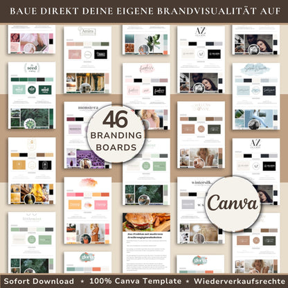 Grid-Ansicht der 46 Canva-Branding-Boards in verschiedenen Stilen und Farbwelten zur einfachen Anpassung