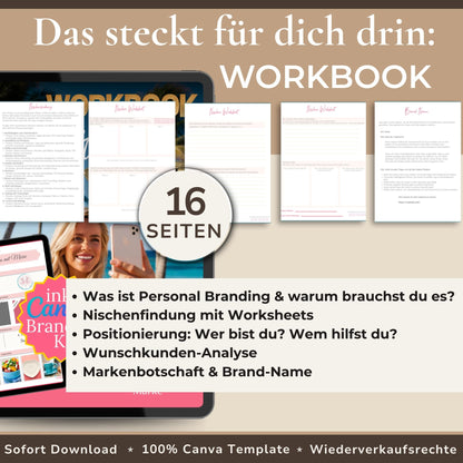 Seiten des Instagram-Branding-Workbooks mit Worksheets zu Nischenfindung, Positionierung und Wunschkundenanalyse.