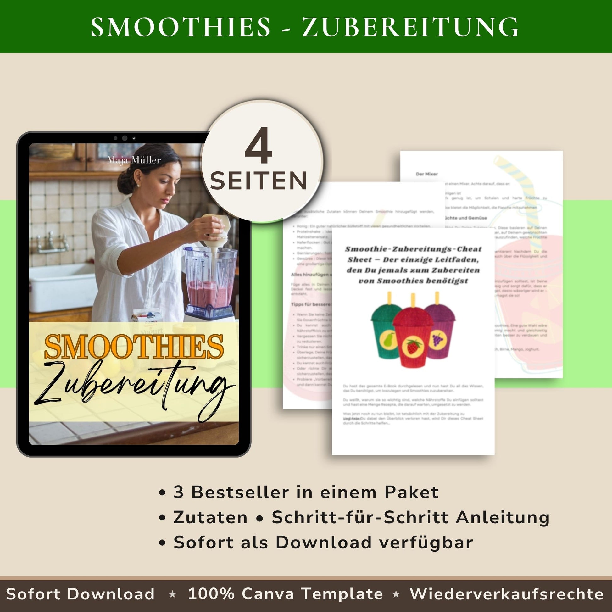 Smoothie Starter Bundle: Smoothies im Alltag E-Book, Zutaten-Guide und Schritt-für-Schritt Smoothie-Zubereitung als digitales Cheat-Sheet.